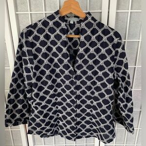 Foxcroft Fitted, Navy Blue light jacket, white embroidered, Size 12.